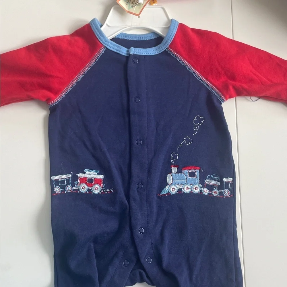 Red and Blue Train-Themed Baby Onesie